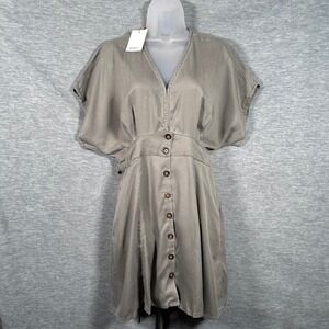 Quince Vintage Wash Tencel Button Front Dress Womens Medium Olive Green Boho New
